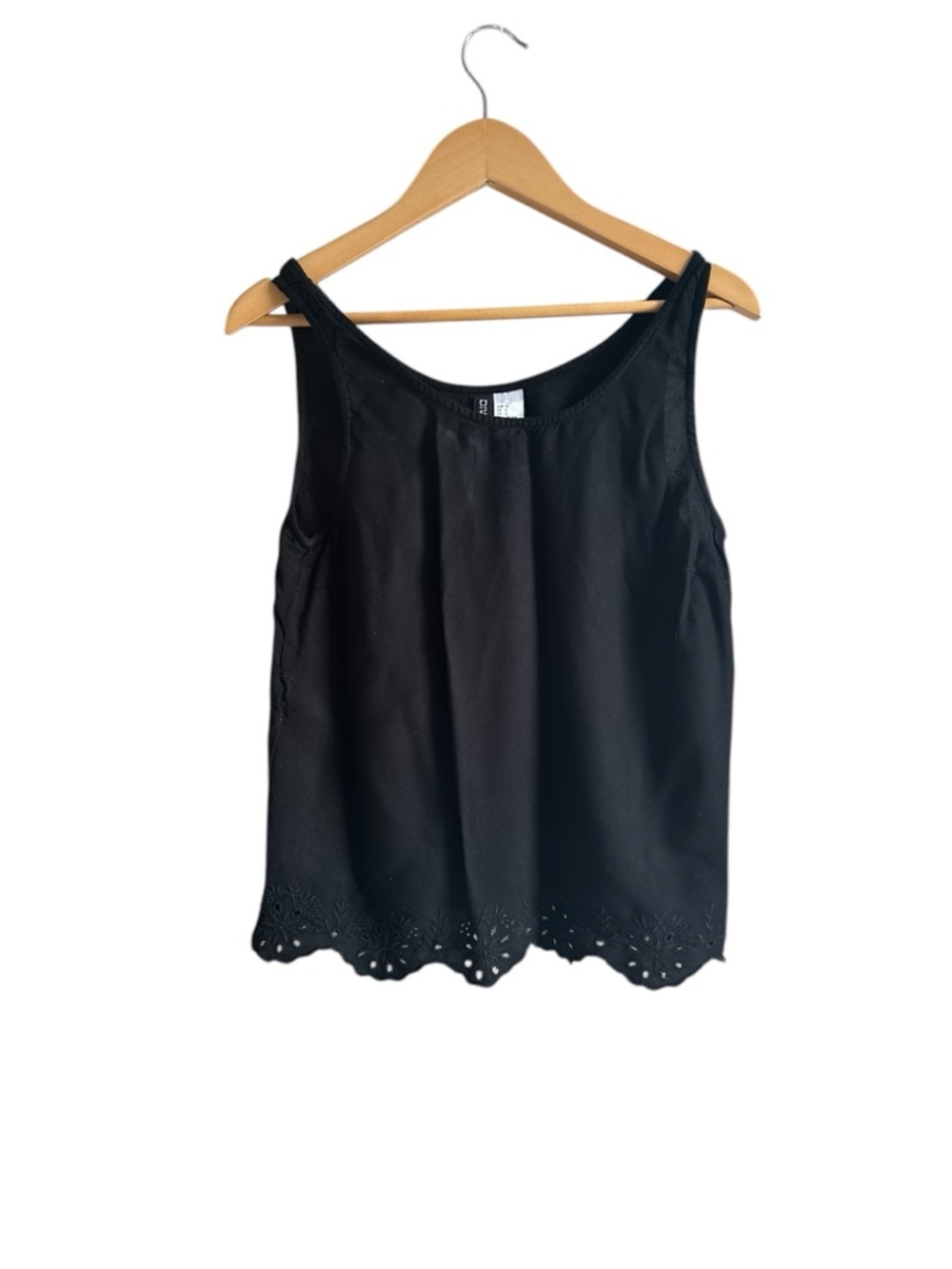 Divided Black Scoop Neck Tank Top with Scalloped Eyelet Hem - Picture 2 of 4